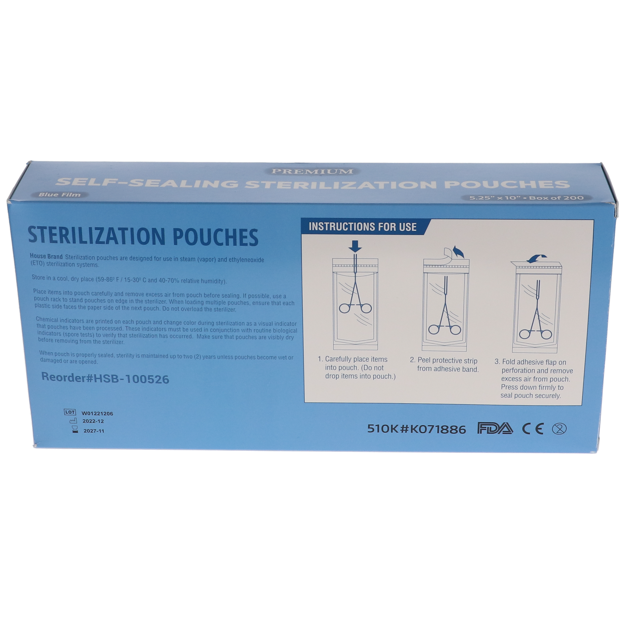 House Brand Dentistry 100526 Paper/Blue Film Self-Sealing Sterilization Pouches 5.25 House Brand Dentistry 100526 Paper/Blue Film Self-Sealing Sterilization Pouches 5.25